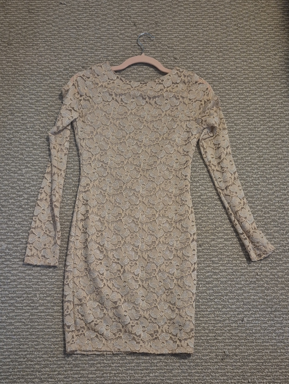 Long Sleeve Floral Lace Sheath Dress in Beige